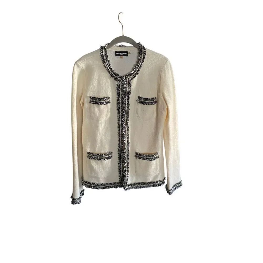Karl Lagerfeld, Paris, women’s cream and black front closure, fringe jacket, siz - Picture 2 of 5